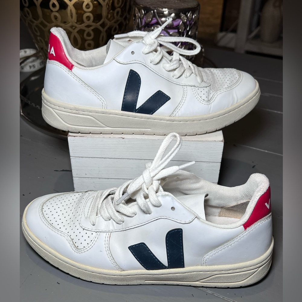 Veja White Sneakers with Navy V and Pink Heel Tab